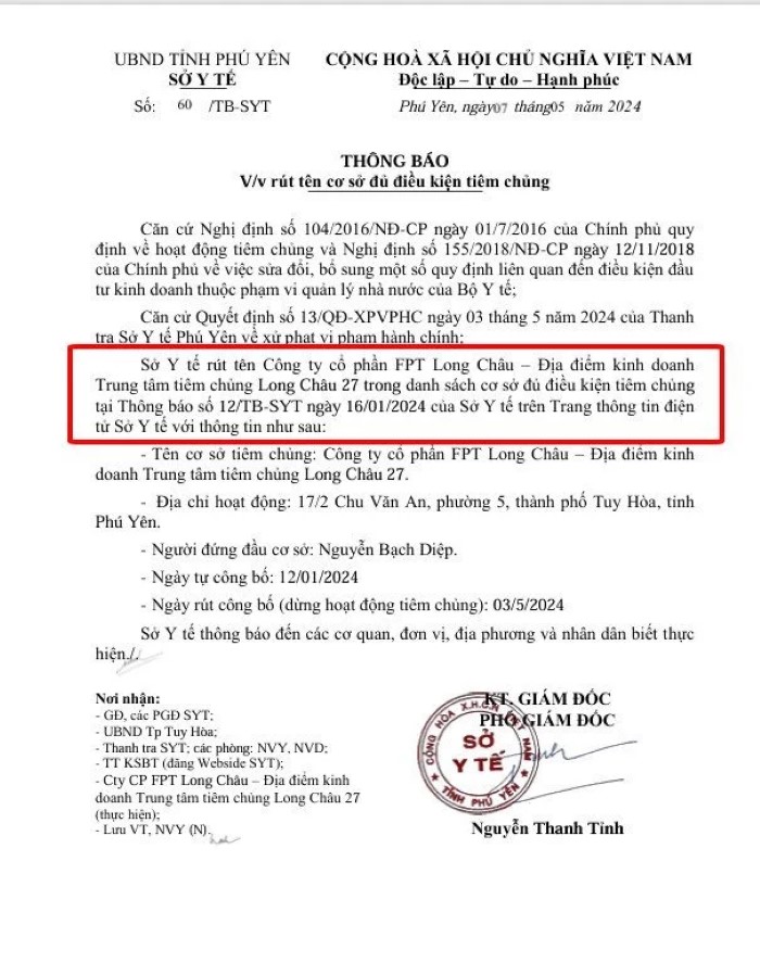 Kiểm tra loạt Trung tâm tiêm chủng Long Châu ra nhiều sai phạm